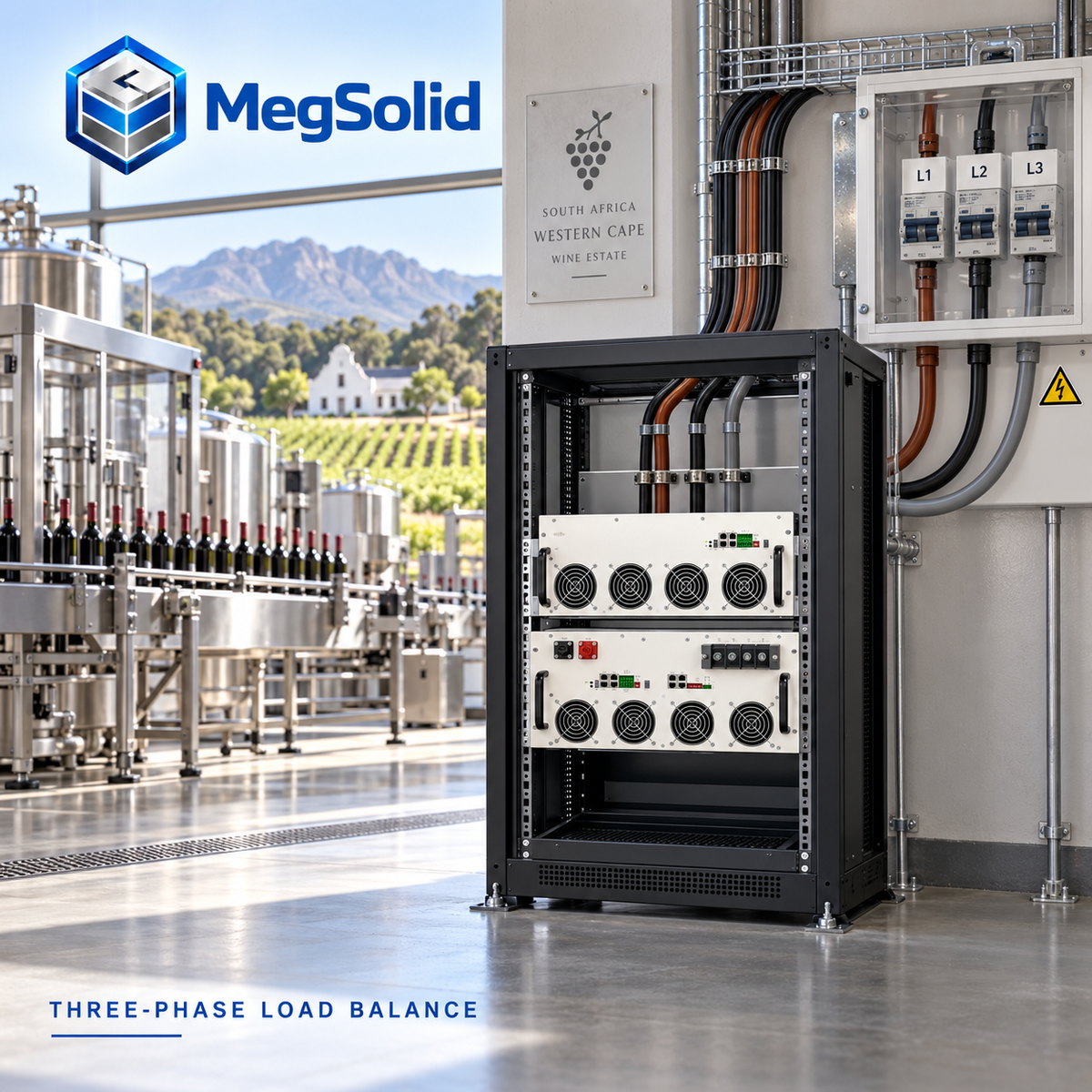 وحدات PCS لتخزين الطاقة من طراز MegSolid PMA تُدير الأحمال غير المتوازنة ثلاثية الأطوار في منشأة تعبئة النبيذ التابعة لمصنع نبيذ في مقاطعة ويسترن كيب