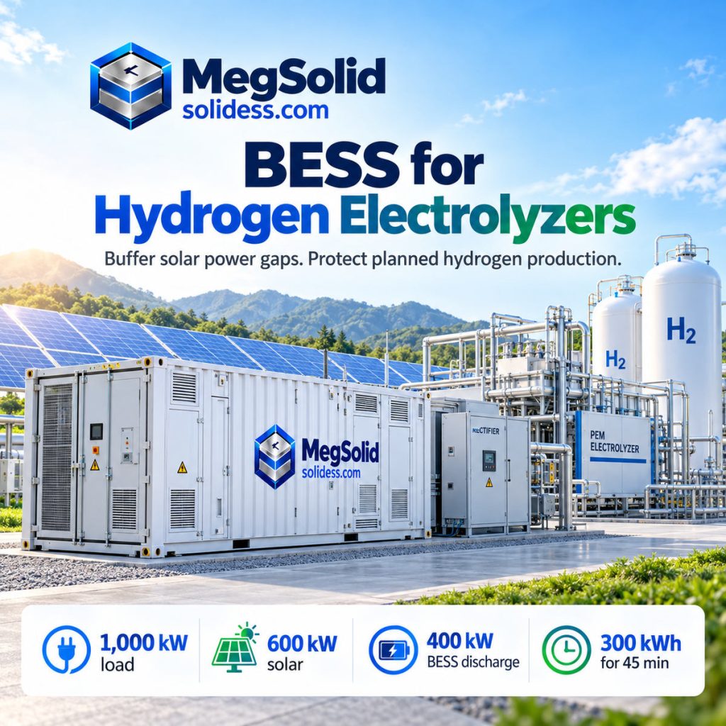 MegSolid containerized battery energy storage for solar-powered hydrogen electrolysis, buffering a 400 kW shortfall for a 1 MW electrolyzer