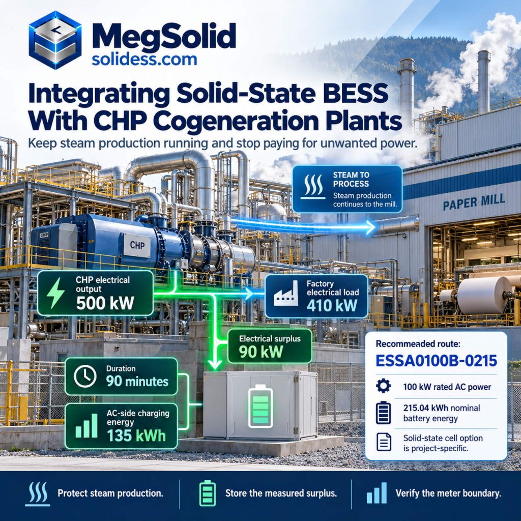 German paper mill CHP cogeneration scene showing 500 kW electrical output, 410 kW factory demand, 90 kW surplus and a 135 kWh AC charging opportunity for MegSolid ESSA0100B-0215.