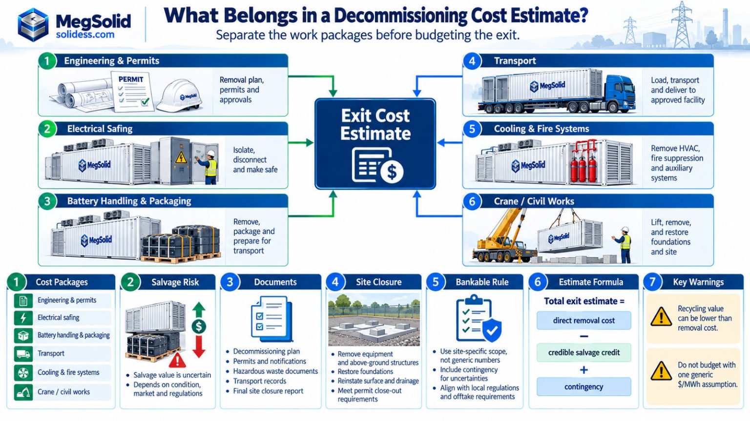 MegSolid containerized BESS decommissioning cost breakdown including engineering, electrical safing, battery handling, transport, cooling, crane and civil works, recycling and site restoration