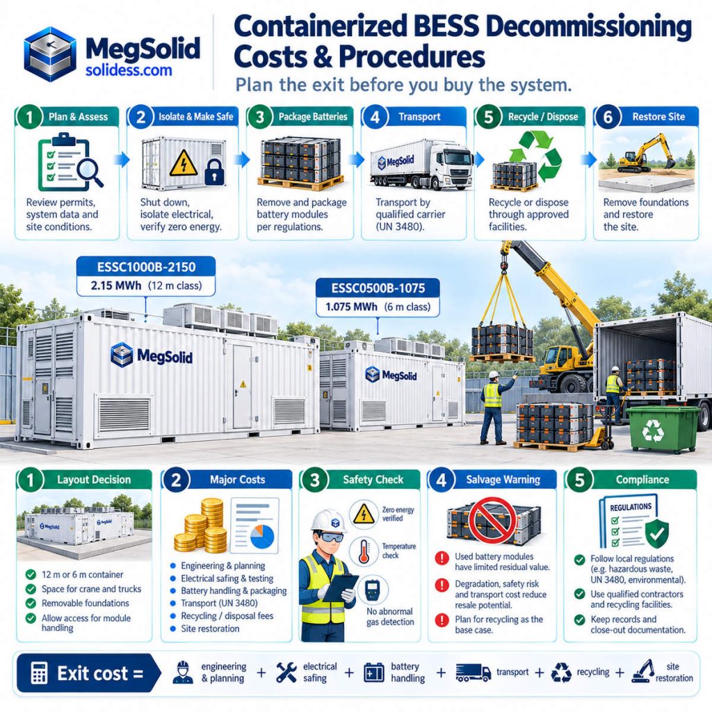MegSolid cartoon-style containerized BESS decommissioning cover illustrating removal planning, electrical isolation, compliant battery transport, recycling and site restoration