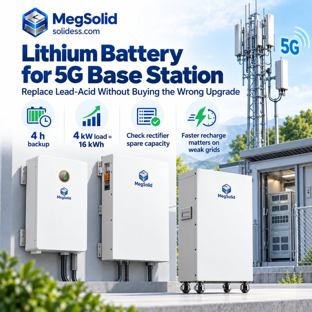 White-and-blue engineering illustration of lithium battery backup for a 5G base station, highlighting backup duration, load energy, recharge current and retrofit checks.
