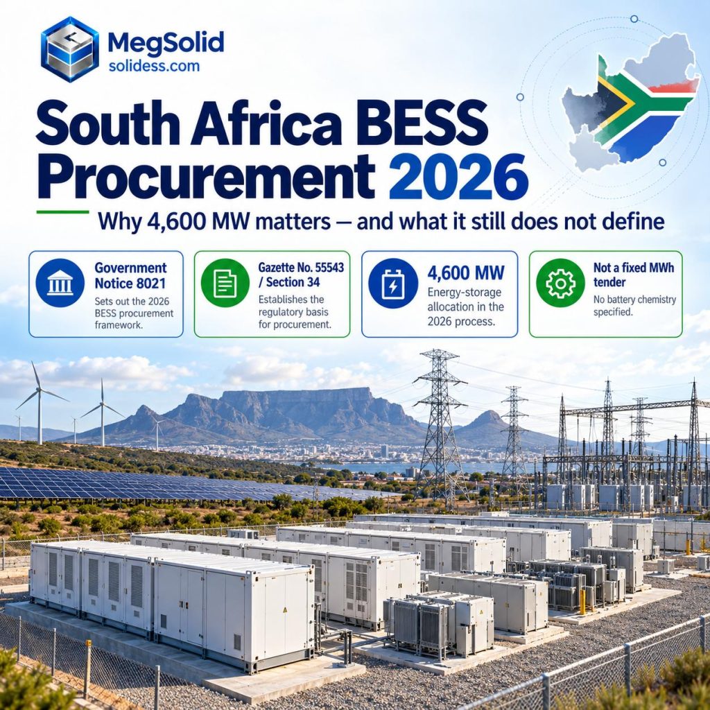 South Africa BESS procurement 2026 poster showing Government Notice 8021, the 4,600 MW storage allocation, national grid infrastructure and renewable energy in South Africa